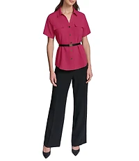 KARL LAGERFELD PARIS Woven Silky Crepe Spread Collar Short Sleeve Belted Shirt