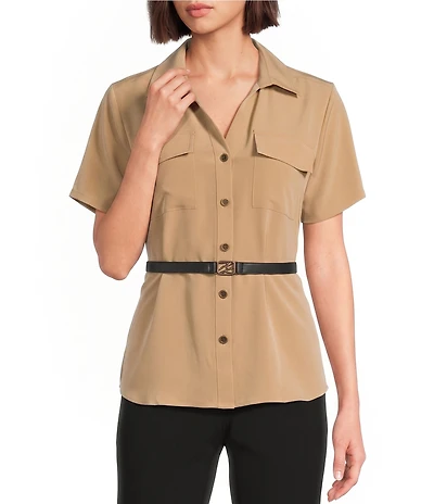 KARL LAGERFELD PARIS Woven Silky Crepe Spread Collar Short Sleeve Belted Shirt