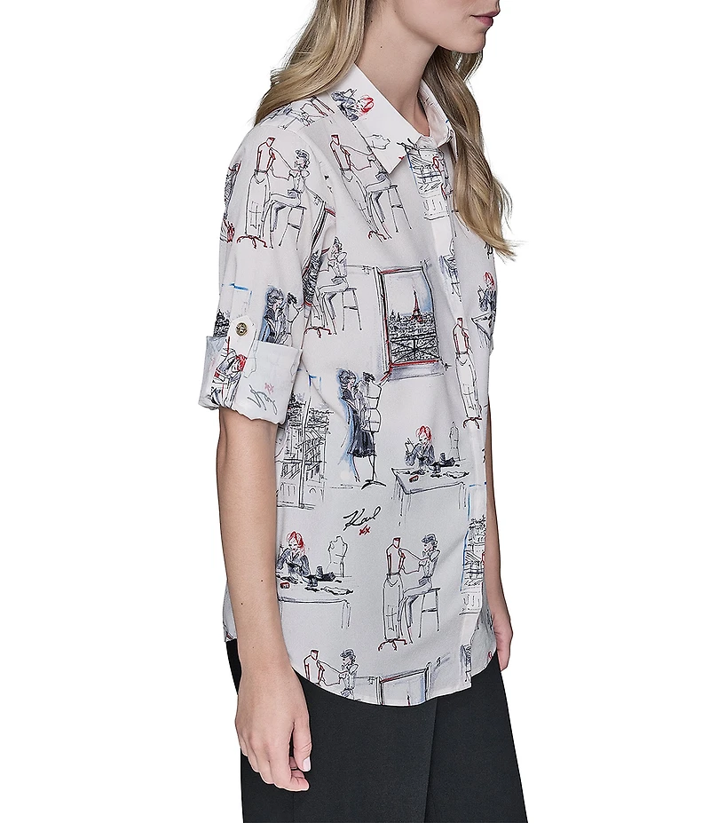 KARL LAGERFELD PARIS Woven Sketch Art Printed Point Collar Long Sleeve Shirt