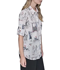 KARL LAGERFELD PARIS Woven Sketch Art Printed Point Collar Long Sleeve Shirt