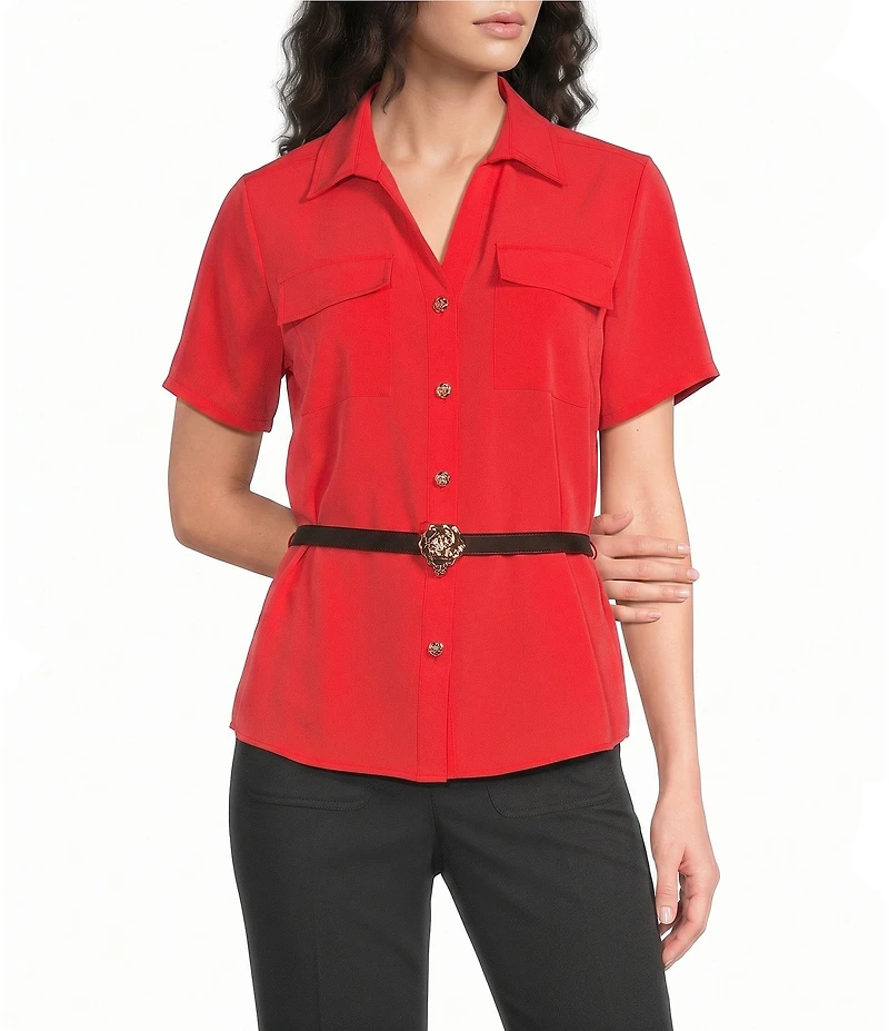 KARL LAGERFELD PARIS Woven Spread Collar Short Sleeve Rosette Belt Top