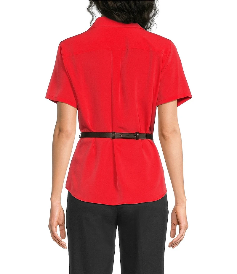 KARL LAGERFELD PARIS Woven Spread Collar Short Sleeve Rosette Belt Top
