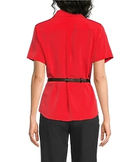KARL LAGERFELD PARIS Woven Spread Collar Short Sleeve Rosette Belt Top