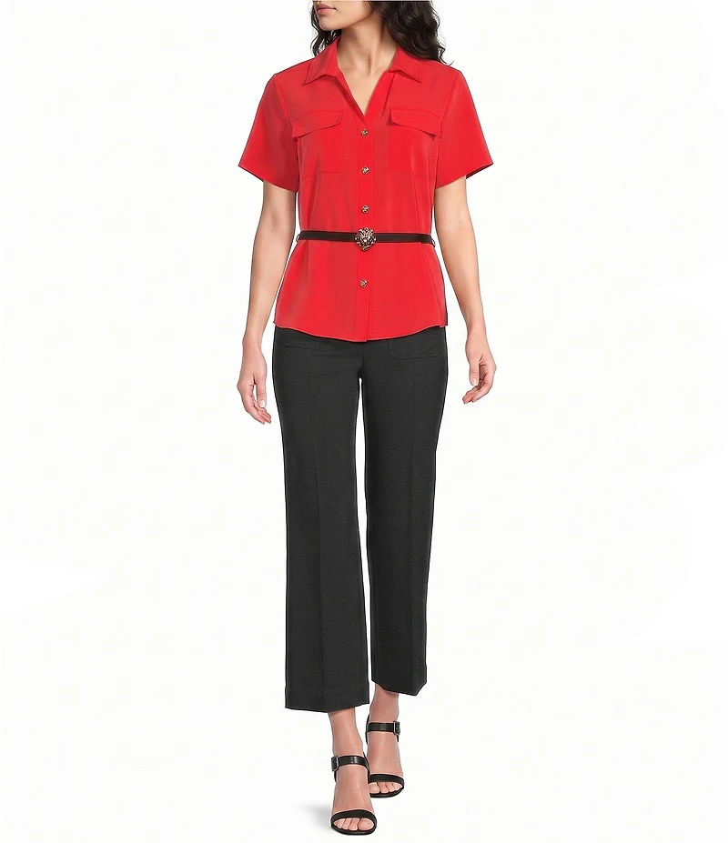 KARL LAGERFELD PARIS Woven Spread Collar Short Sleeve Rosette Belt Top