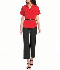 KARL LAGERFELD PARIS Woven Spread Collar Short Sleeve Rosette Belt Top