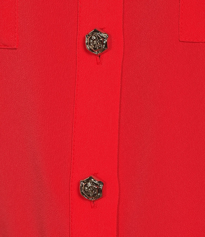 KARL LAGERFELD PARIS Woven Spread Collar Short Sleeve Rosette Belt Top