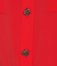 KARL LAGERFELD PARIS Woven Spread Collar Short Sleeve Rosette Belt Top