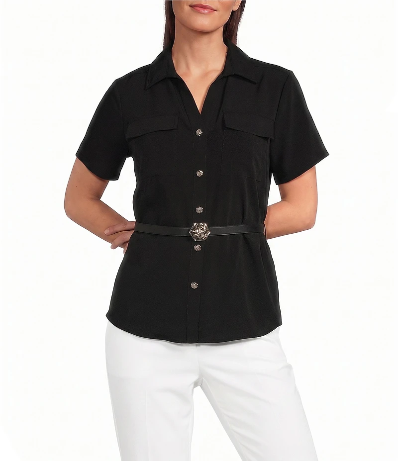 KARL LAGERFELD PARIS Woven Spread Collar Short Sleeve Rosette Belt Top