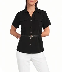 KARL LAGERFELD PARIS Woven Spread Collar Short Sleeve Rosette Belt Top