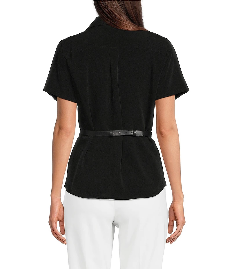 KARL LAGERFELD PARIS Woven Spread Collar Short Sleeve Rosette Belt Top