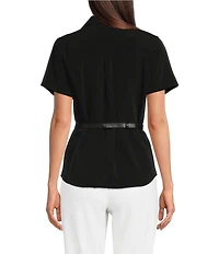 KARL LAGERFELD PARIS Woven Spread Collar Short Sleeve Rosette Belt Top