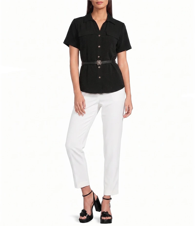 KARL LAGERFELD PARIS Woven Spread Collar Short Sleeve Rosette Belt Top