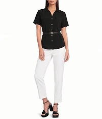 KARL LAGERFELD PARIS Woven Spread Collar Short Sleeve Rosette Belt Top