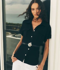 KARL LAGERFELD PARIS Woven Spread Collar Short Sleeve Rosette Belt Top