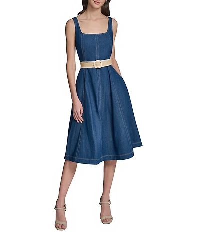 KARL LAGERFELD PARIS Woven Square Neck Sleeveless Belted Dress