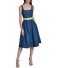 KARL LAGERFELD PARIS Woven Square Neck Sleeveless Belted Dress
