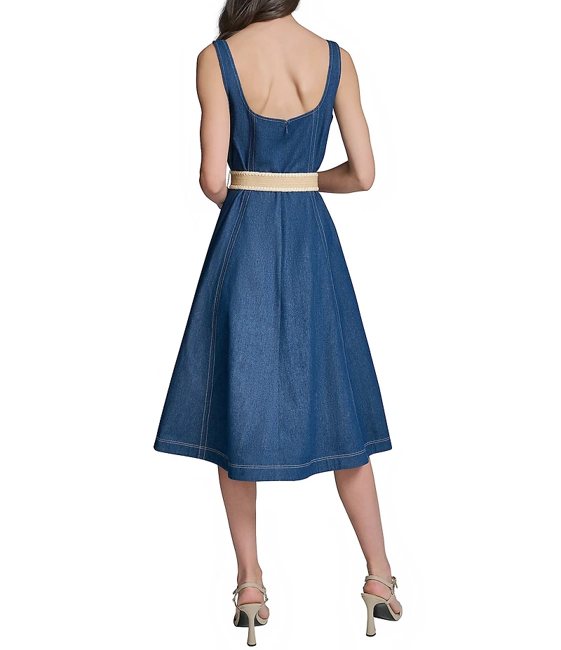 KARL LAGERFELD PARIS Woven Square Neck Sleeveless Belted Dress