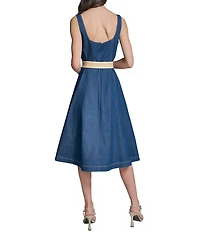KARL LAGERFELD PARIS Woven Square Neck Sleeveless Belted Dress