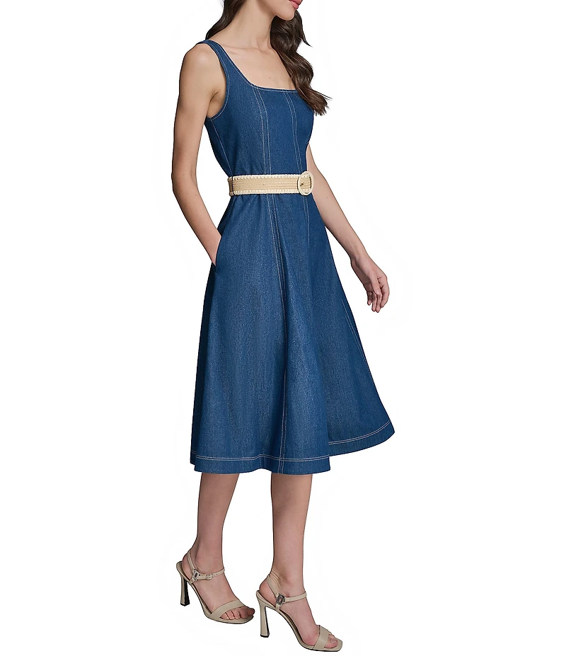 KARL LAGERFELD PARIS Woven Square Neck Sleeveless Belted Dress