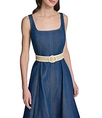 KARL LAGERFELD PARIS Woven Square Neck Sleeveless Belted Dress