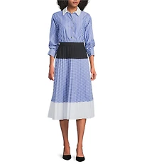 KARL LAGERFELD PARIS Woven Striped Point Collar 3/4 Sleeve Pleated Midi Shirt Dress
