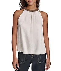 KARL LAGERFELD PARIS Woven Subtle Slub Floral Print Bejeweled Halter Sleeveless Top