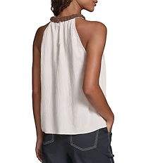 KARL LAGERFELD PARIS Woven Subtle Slub Floral Print Bejeweled Halter Sleeveless Top