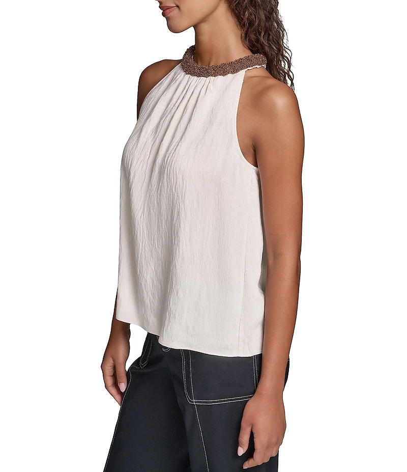 KARL LAGERFELD PARIS Woven Subtle Slub Floral Print Bejeweled Halter Sleeveless Top