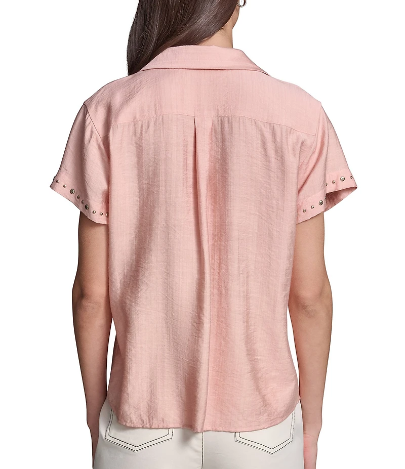 KARL LAGERFELD PARIS Woven Subtle Slub Spread Collar Short Sleeve Front Button Shirt