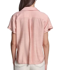 KARL LAGERFELD PARIS Woven Subtle Slub Spread Collar Short Sleeve Front Button Shirt