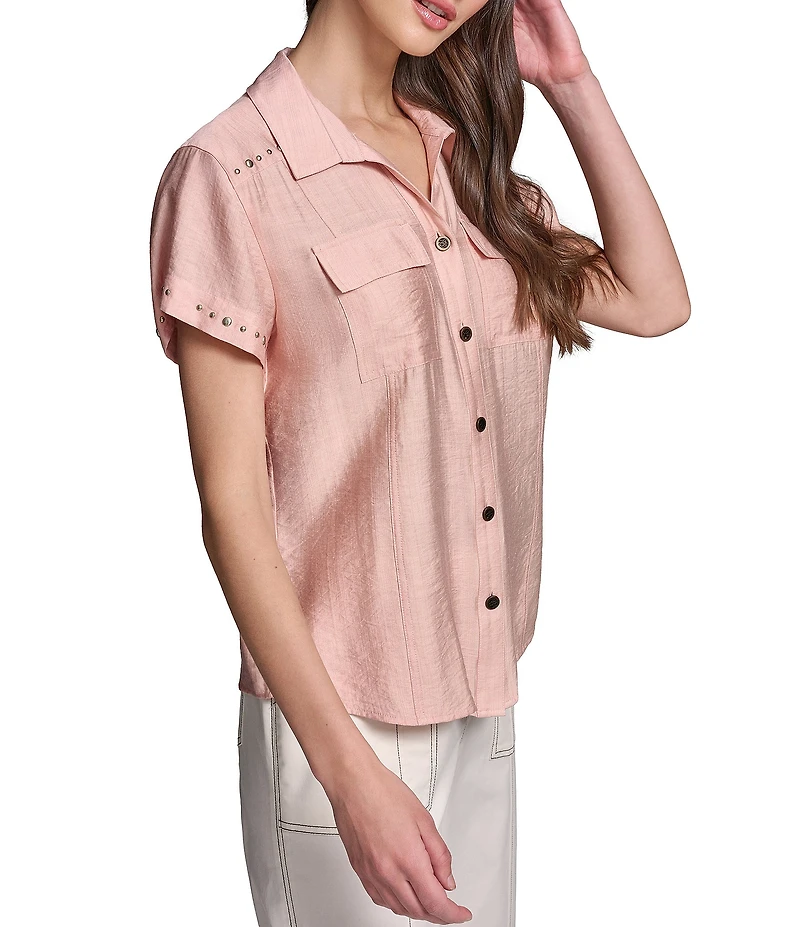 KARL LAGERFELD PARIS Woven Subtle Slub Spread Collar Short Sleeve Front Button Shirt