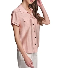 KARL LAGERFELD PARIS Woven Subtle Slub Spread Collar Short Sleeve Front Button Shirt