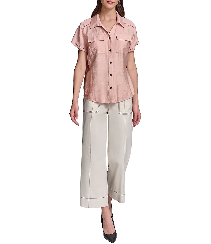 KARL LAGERFELD PARIS Woven Subtle Slub Spread Collar Short Sleeve Front Button Shirt
