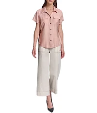 KARL LAGERFELD PARIS Woven Subtle Slub Spread Collar Short Sleeve Front Button Shirt