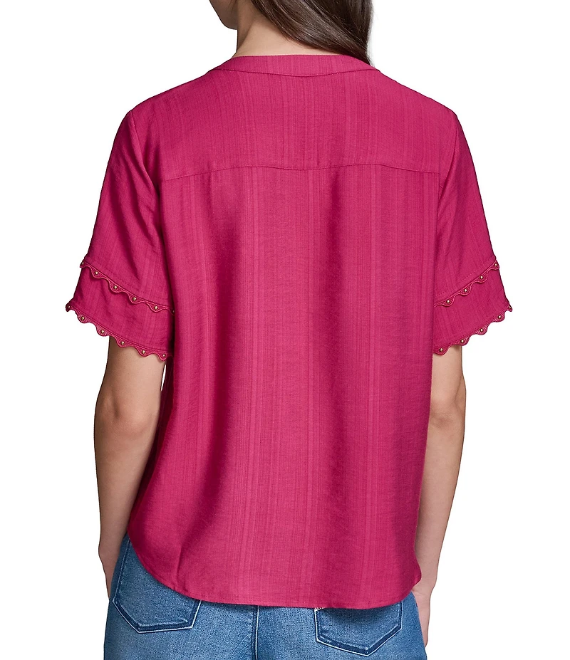 KARL LAGERFELD PARIS Woven Subtle Slub V-Neck Short Sleeve Gold Nail Head Stud Detail Button Front Blouse