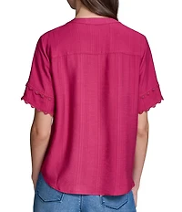 KARL LAGERFELD PARIS Woven Subtle Slub V-Neck Short Sleeve Gold Nail Head Stud Detail Button Front Blouse