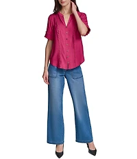 KARL LAGERFELD PARIS Woven Subtle Slub V-Neck Short Sleeve Gold Nail Head Stud Detail Button Front Blouse