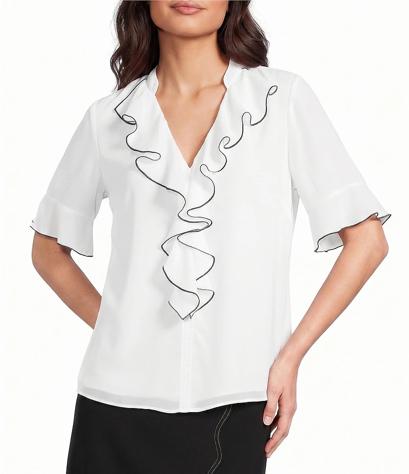 KARL LAGERFELD PARIS Woven V-Neck Short Sleeve Ruffle Front Blouse