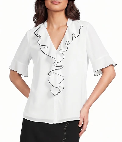 KARL LAGERFELD PARIS Woven V-Neck Short Sleeve Ruffle Front Blouse