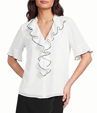 KARL LAGERFELD PARIS Woven V-Neck Short Sleeve Ruffle Front Blouse