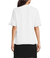 KARL LAGERFELD PARIS Woven V-Neck Short Sleeve Ruffle Front Blouse