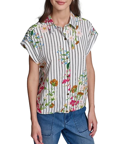 KARL LAGERFELD PARIS Woven Vertical Striped Placed Floral Print Point Collar Cap Sleeve Top