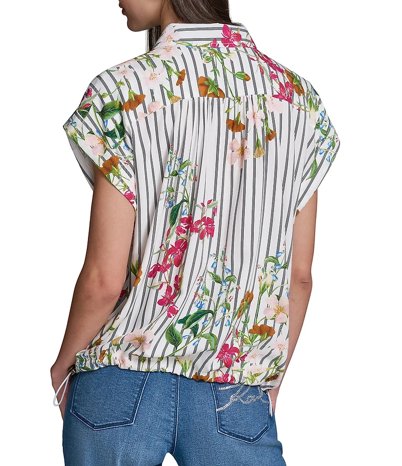 KARL LAGERFELD PARIS Woven Vertical Striped Placed Floral Print Point Collar Cap Sleeve Top