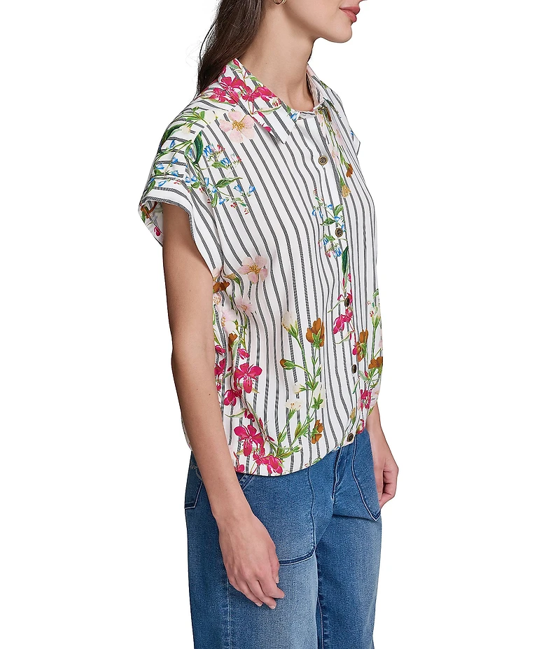 KARL LAGERFELD PARIS Woven Vertical Striped Placed Floral Print Point Collar Cap Sleeve Top