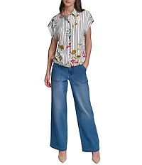 KARL LAGERFELD PARIS Woven Vertical Striped Placed Floral Print Point Collar Cap Sleeve Top