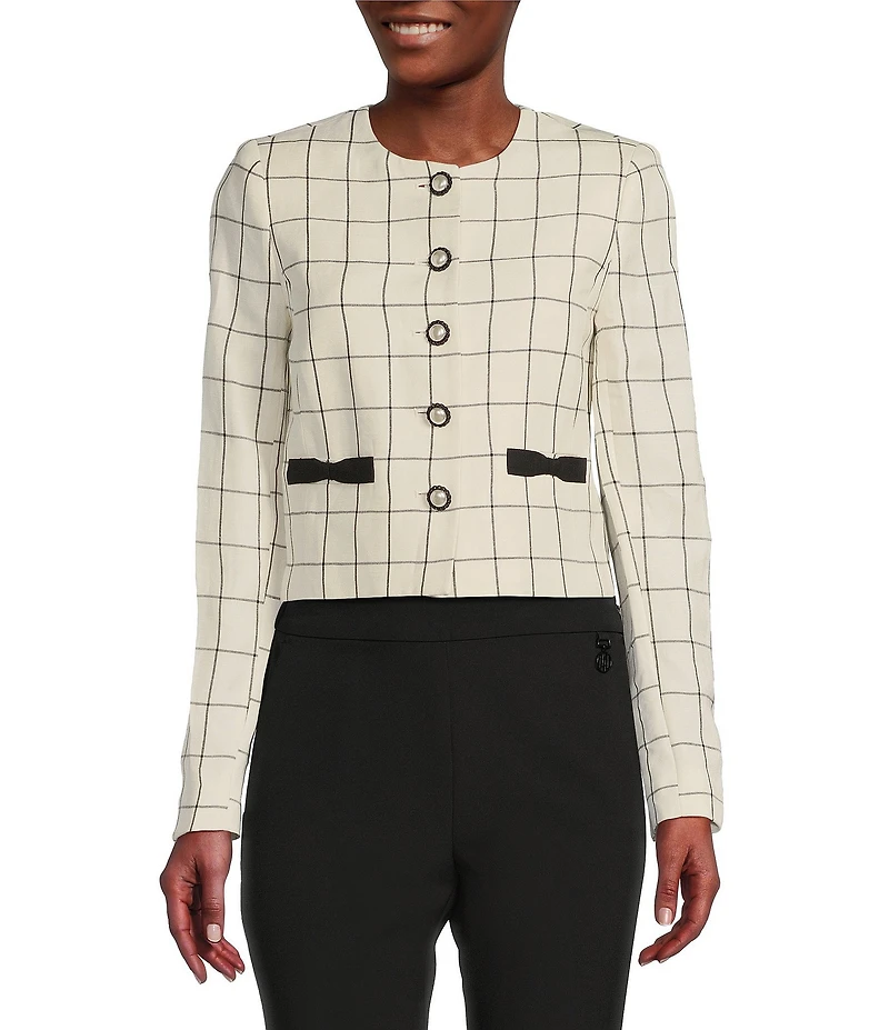 KARL LAGERFELD PARIS Woven Windowpane Collarless Long Sleeve Cropped Button Front Jacket