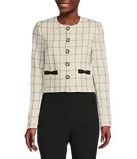 KARL LAGERFELD PARIS Woven Windowpane Collarless Long Sleeve Cropped Button Front Jacket