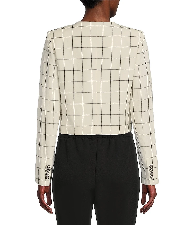 KARL LAGERFELD PARIS Woven Windowpane Collarless Long Sleeve Cropped Button Front Jacket