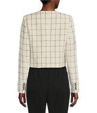 KARL LAGERFELD PARIS Woven Windowpane Collarless Long Sleeve Cropped Button Front Jacket