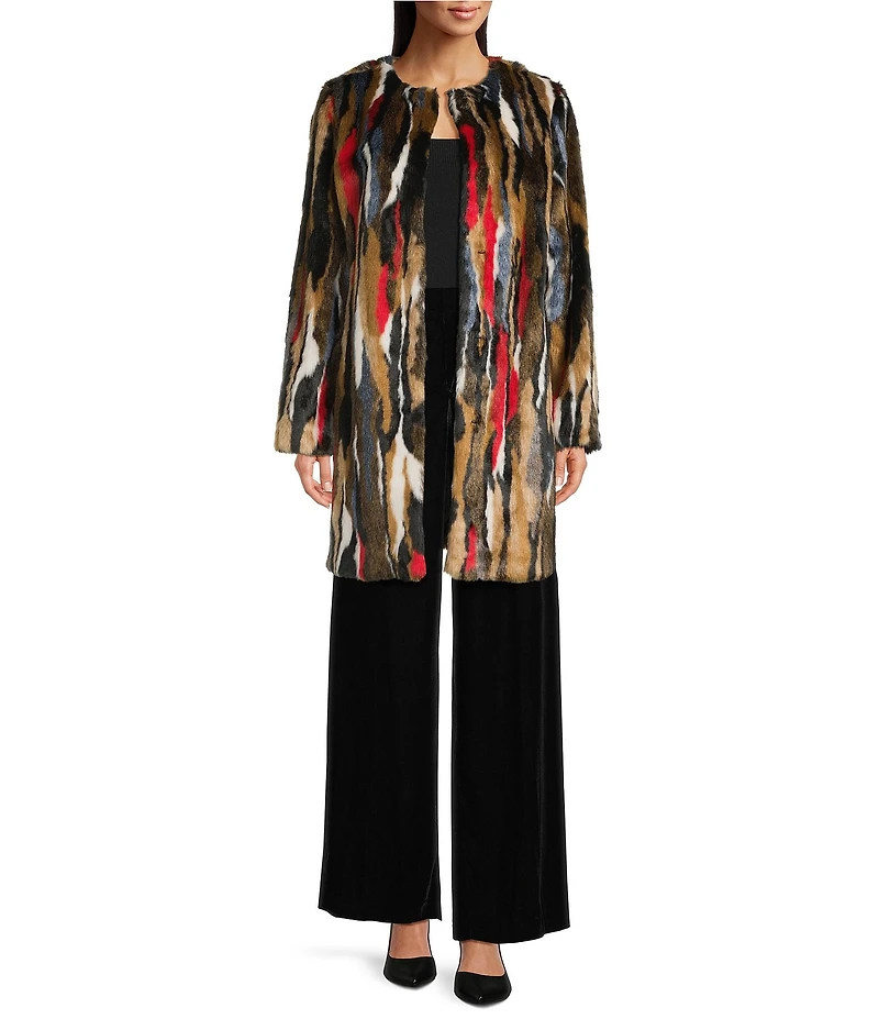 KARL LAGERFELD PARIS Zebra Pattern Faux Fur Collarless Hook Front Single Breasted Coat